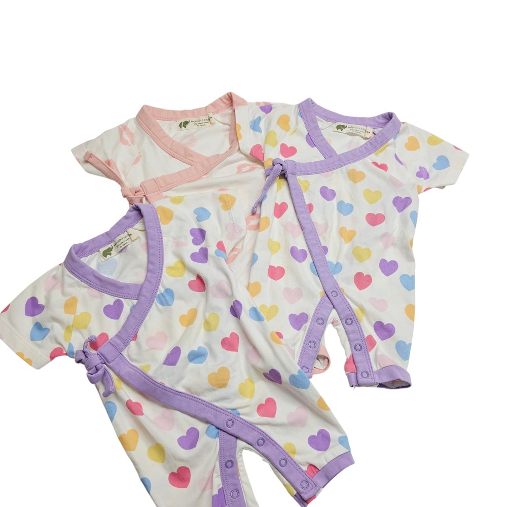 Monica + Andy Romper 3 Pack Kids 0-3m Pink Purple Hearts Lips Organic Cotton